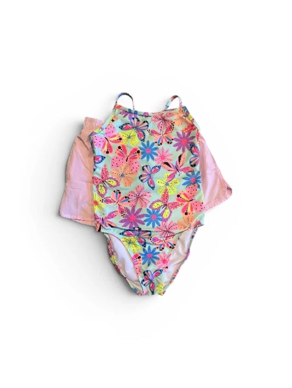 Girl's The Childrens Place Tank Swimsuit 10/12 Butterfly Pale Pink Lined Shorts